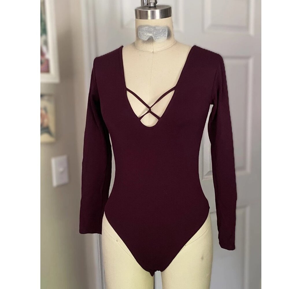 FOREVER 21 Wine Burgundy Stretch Lace up L/Slv Bodysuit Blouse Shirt *SMALL* B70